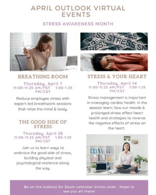 To honor Stress Awareness month, we're hosting a few virtual sessions that might help you. 

Remember, de-stressing is important so make sure that you are taking time for yourself to help find ways to do so!

#lifeatoutlook #aprilseminars #virtualseminars